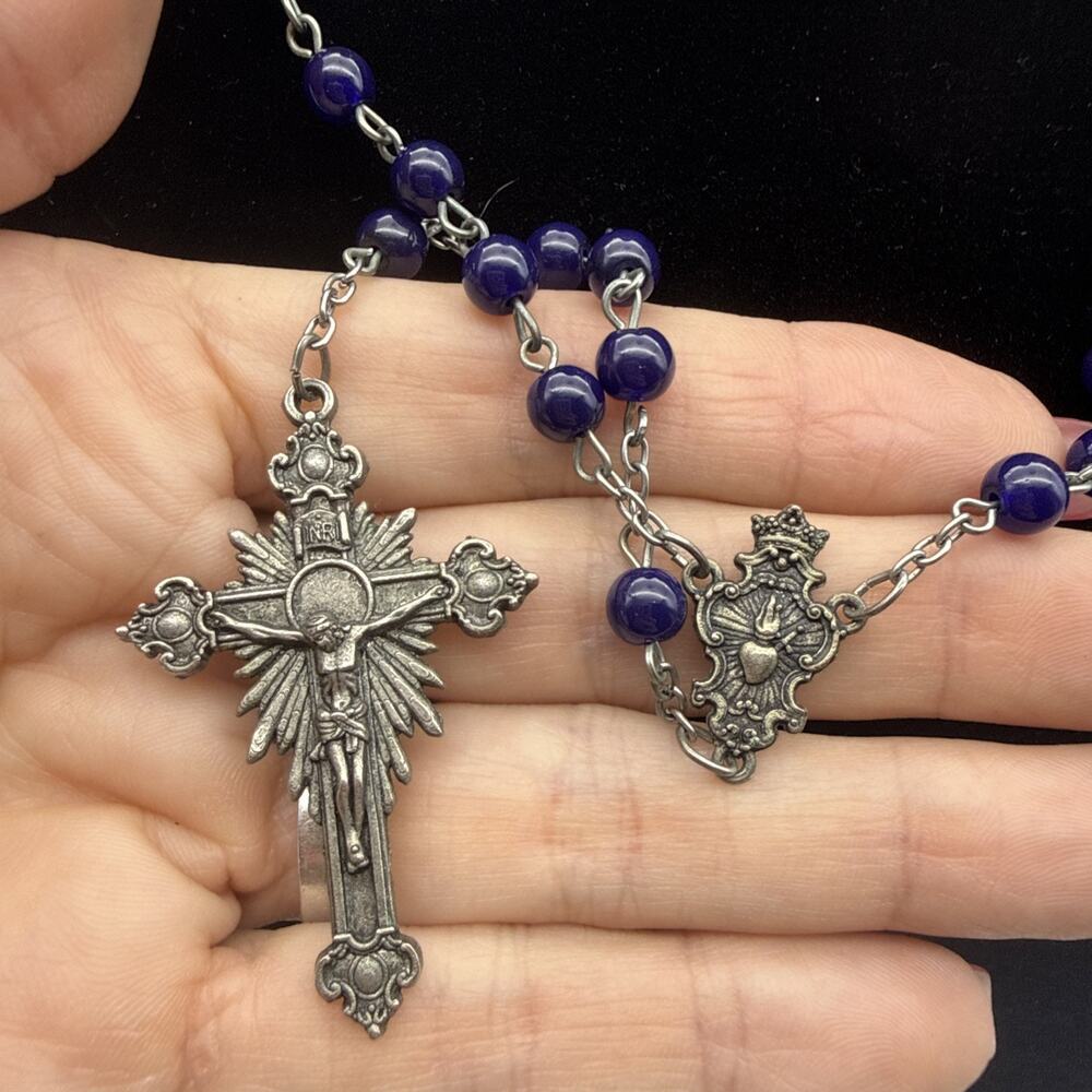 Fatima Rosary 1917-2017 100 year made in Italy blue beads silver tone chain 21”